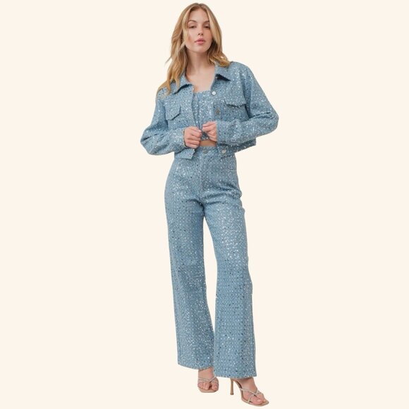 Women Sequined Denim Straight Leg Jeans Pants Size US M/6 High Waist Ripped - Picture 5 of 16